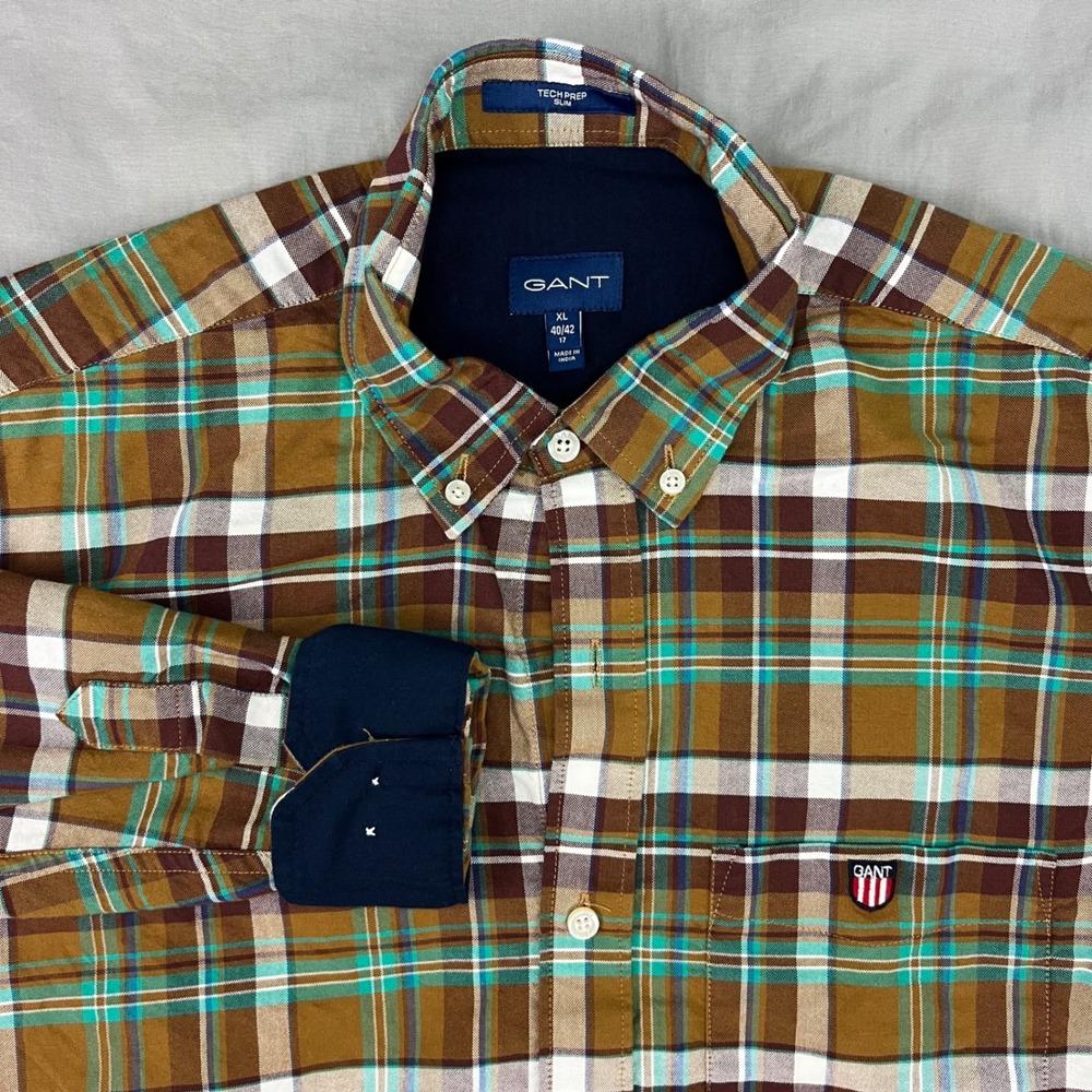 GANT Tech Prep Slim Fit Mens Size XL 40/42 Plaid Button Down Shirt‎ Brown White